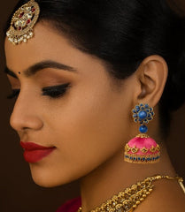 Silk thread jhumkas, handmade jhumkas, traditional Indian earrings, pink blue jhumkas, lightweight ethnic earrings, festive jewelry, handcrafted silk earrings, wedding accessories