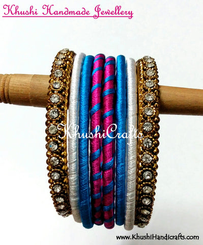 Hand-crafted Stylish Silk Thread Bangles in White Blue and Pink