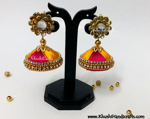 Magenta Yellow Silk Jhumka With Pachi Stud – Khushi Handicrafts
