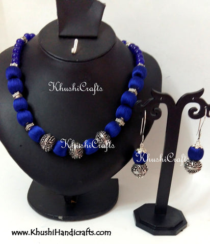 Blue Silk and German silver Beads Amalgamated Necklace