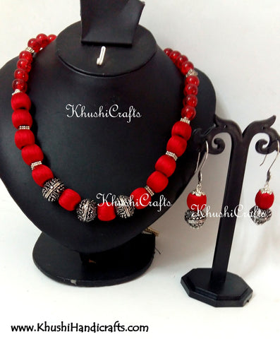 Red Silk and German silver Beads Amalgamated Necklace