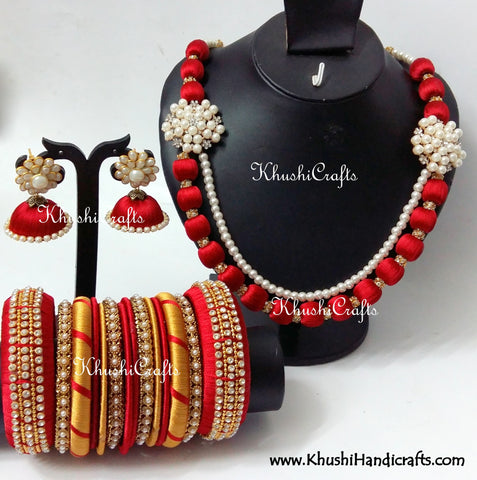 Red Silk Thread Bridal Necklace set in Moppu design
