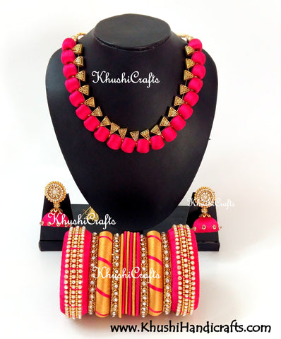 Silk Thread Bridal Collection Necklace set with Bangles in Pink