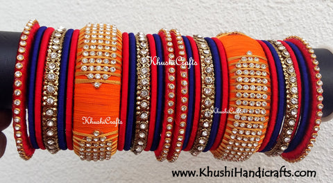 Designer Silk Thread Bridal bangles in Red,orange and blue