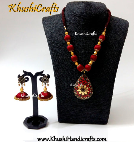 Maroon silk thread Necklace set with Tibetan pendant and matching jhumkas!