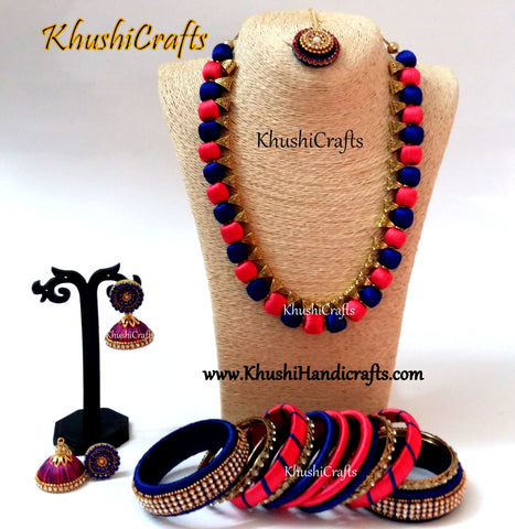 Peach and Blue shaded Silk Thread Handmade Necklace set with Bangles and Maang tikka