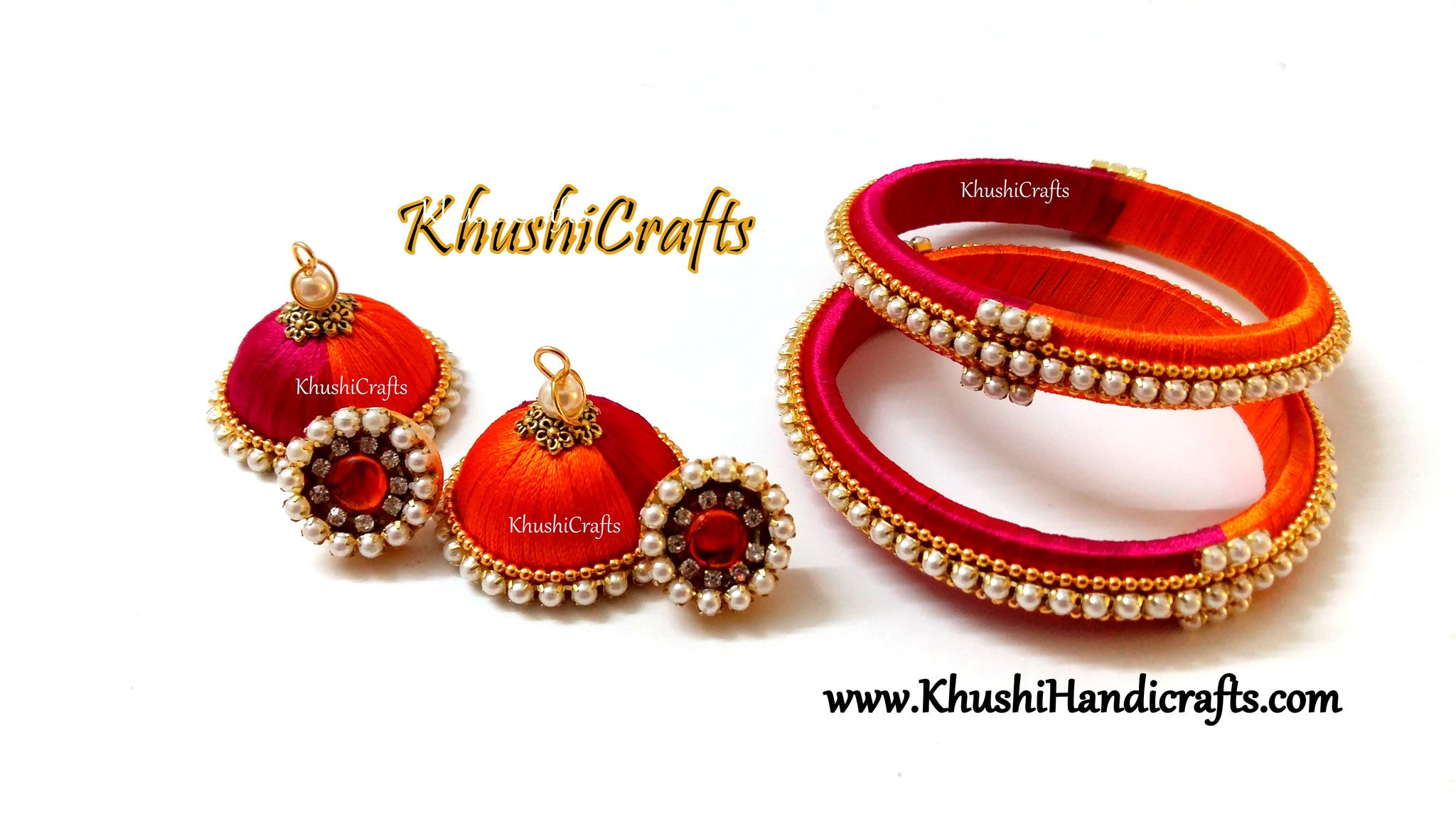 Pink Orange Silk Jhumkas and Bangles