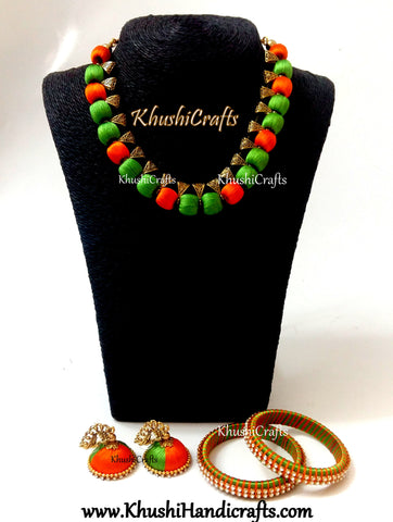 Silk Thread Necklace set in Green and Orange with Bangles.