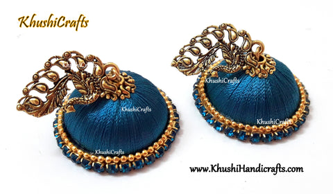 Silk Jhumkas in Peacock blue with a Peacock Stud