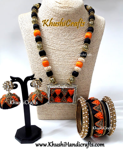 Black Orange Raw silk  Necklace set with Bangles with Hand embroidery(Zardozi & Aari /Maggam work)!