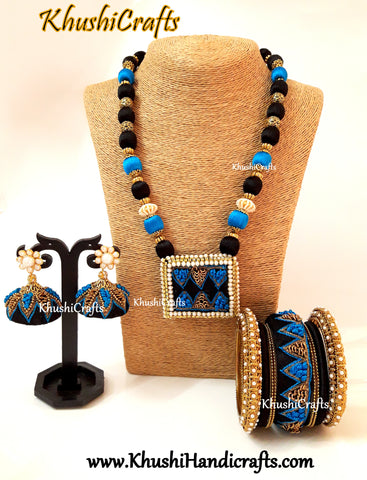 Blue and Black Raw silk Designer Embroidered Necklace set with raw silk Bangles and Jhumkas with French Knot work(Zardosi & Aari /Maggam work)!
