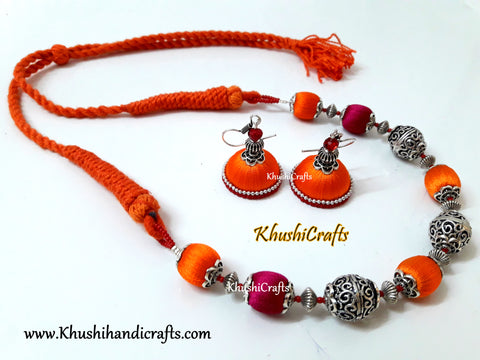 Pink and Orange Silk and German silver Beads Amalgamated Necklace