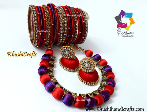 Silk Thread Jewellery set with Bangles in Red and Blue
