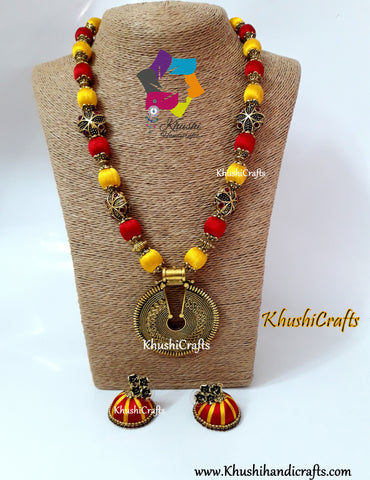Red and Yellow Silk Thread Jewelry Set with Designer Pendant and Victorian Spacer beads!