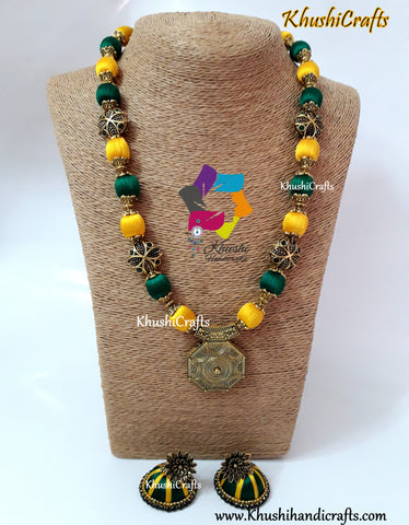 Green and Yellow Silk Thread Jewelry Set with Designer Pendant and Victorian Spacer beads!