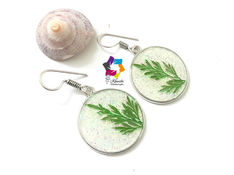 Natural flower Leaf Resin dangler Earrings with holographic effect