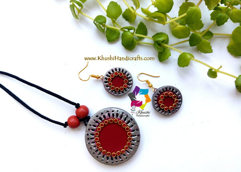 Handmade Terracotta Jewelry Set Red Grey With adjustable Dori