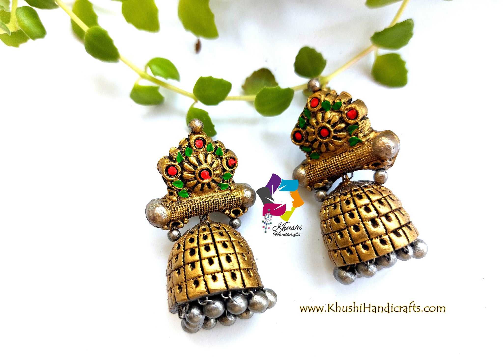 Gold red green terracotta jhumka earrings
