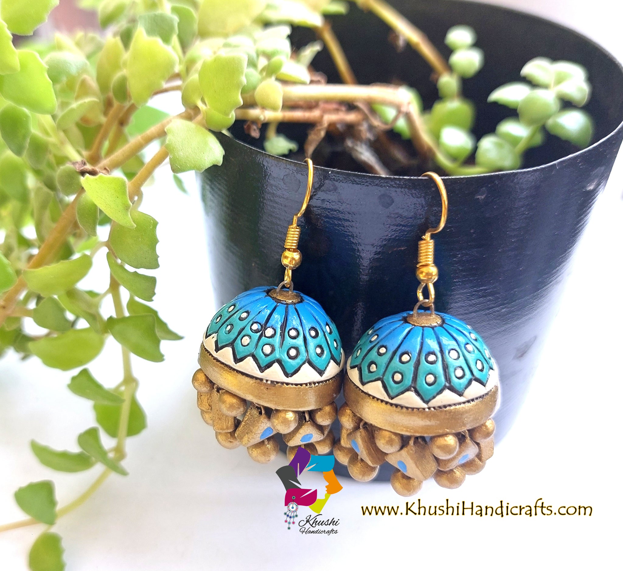 Blue gold terracotta jhumkas