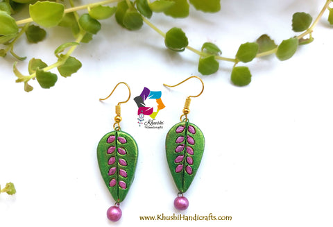Green and Pink Leaf Handmade Terracotta Dangler Earrings