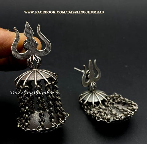 Silver Lookalike Trishul Oxidised Dangler Earrings