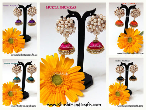 Mukta Jhumkas-Silk thread Jhumkas with a grand stone and pearl stud