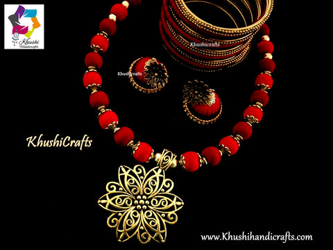 Red Maroon silk thread Necklace set with Flower Pendant and a set of bangles!