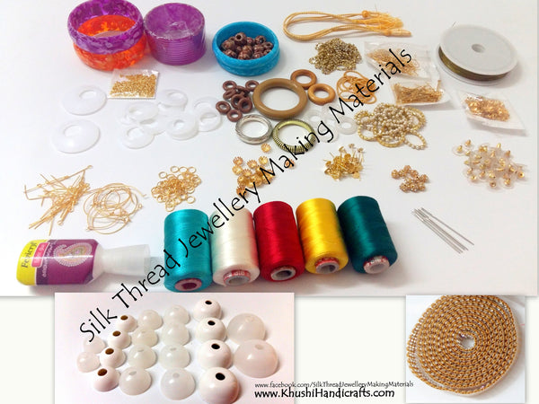 GOELX Silk Thread Jewellery Making Premium Quality Kit, 50 Pair Jhumka Earring Base Bali Ring Materials Full Items Including Stones Beads All Set Thread Zari Stone Ball Tools 26 Items