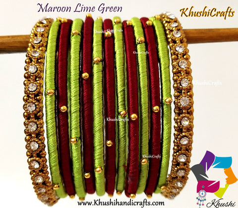 Lime green Maroon Silk Thread Beaded Bangles