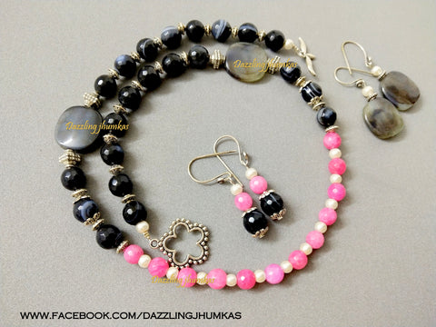 Pink and Black Agate Semiprecious Necklace with dangler earrings!