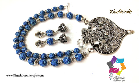 Blue designer Polymer clay and Metal spacer beads necklace with an oxidised pendant