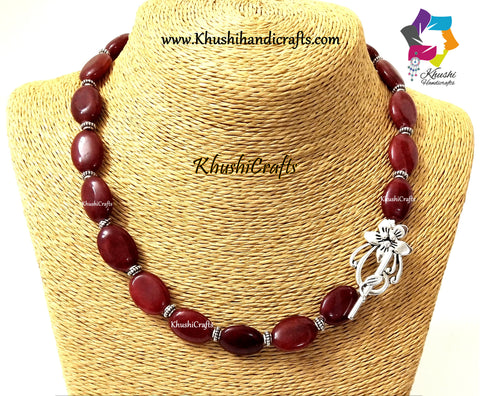 Maroon Agate Necklace with German silver Spacers and a Flower Toggle clasp!