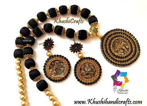 Silk Thread Jewellery -Black Necklace with a resin coated Rhinestone Embossed pendant