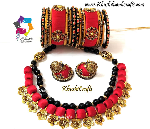 Red Silk Thread Necklace Jewellery set with Flower spacer beads ,agate semiprecious stones with matching jhumkas and bangles
