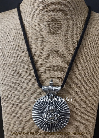 Oxidized Ganesha Pendant with Black adjustable Necklace Cord Dori Pattern 3