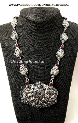 Oxidised Silver Long Lakshmi Temple Haram -Peacock Pattern- German Silver Indian Jewelry