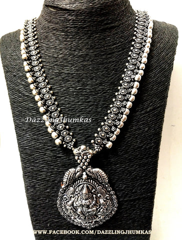 Oxidised Silver Long Lakshmi Temple Haram - German Silver Indian Jewelry