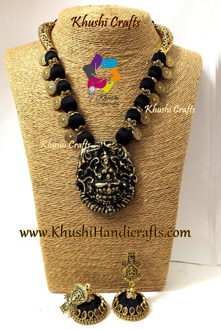 Black Silk Thread Jewelry Set with Round spacer charms and Clay Lakshmi Pendant