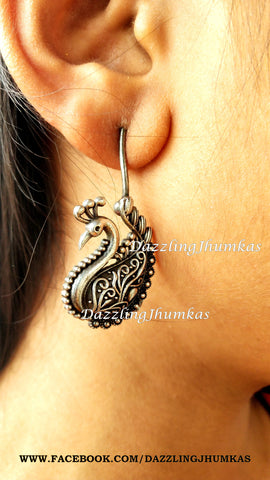 Silver Lookalike Peacock Oxidised Dangler Earrings