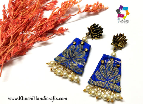 Royal Blue Silk Fabric Earrings with Lotus studs and Pearl Ghungroo Danglers!