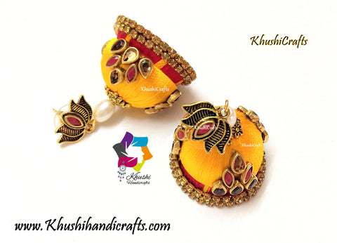 Yellow Red Silk thread Kundan Jhumkas with Lotus stud
