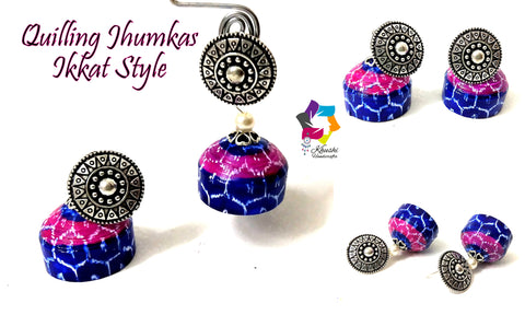 Quilling Jhumkas, Beautiful Paper Stud Earrings with Ikkat work-Indian Art