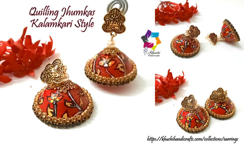 Red Quilling Jhumkas, Beautiful Stud Earrings with Kalamkari work