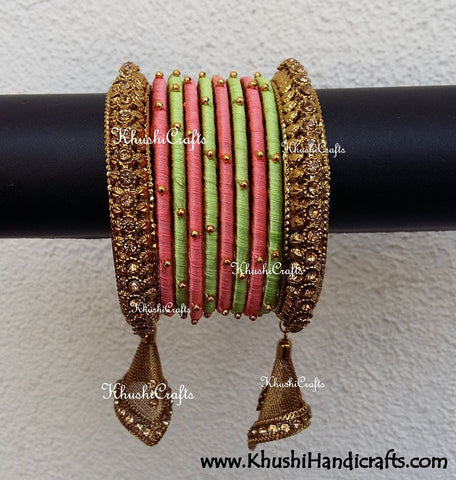 Silk Thread Bangles in Pastel green and Peach shade with Dangler Jhumka