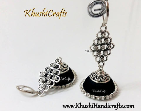Black Silk Thread Jhumkas with Flower metal charm