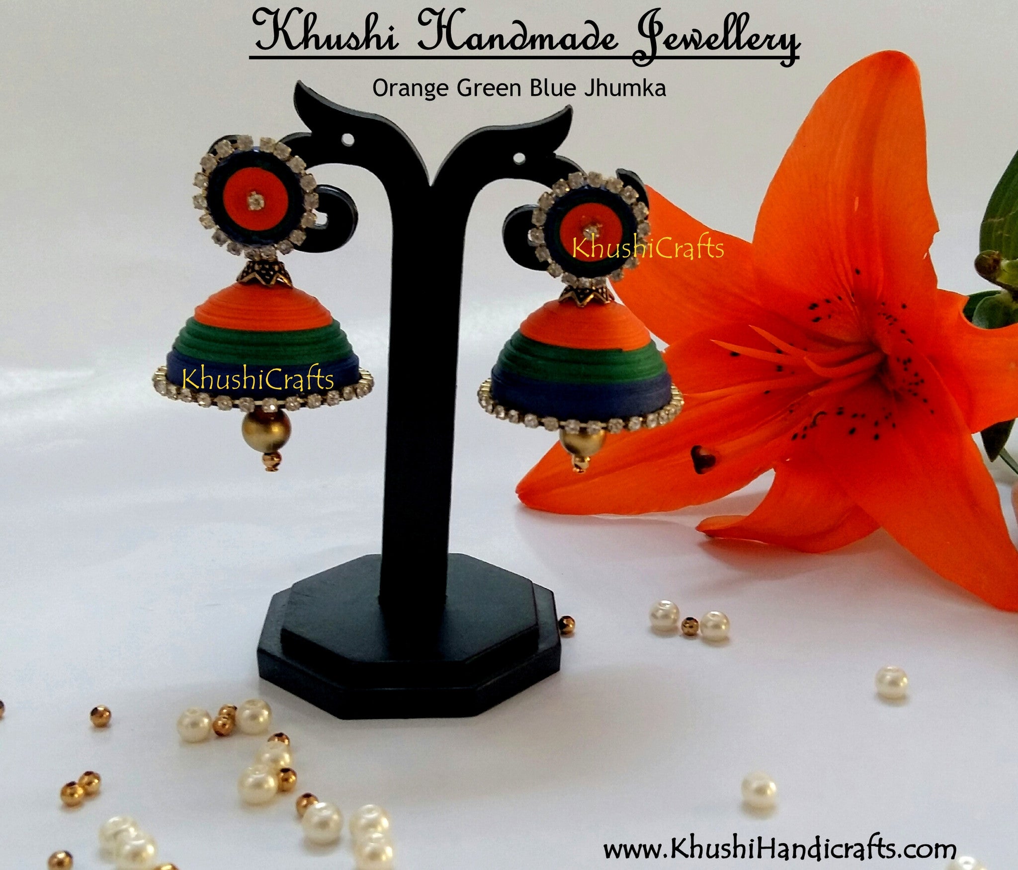 Orange Green Blue Jhumkas - Khushi Handmade Jewellery