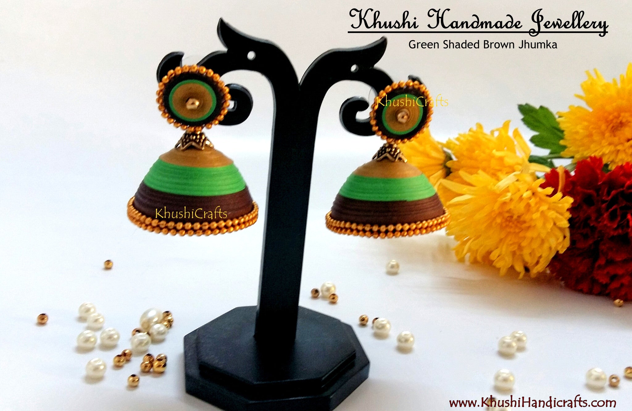 Green Shaded Brown Jhumka - Khushi Handmade Jewellery