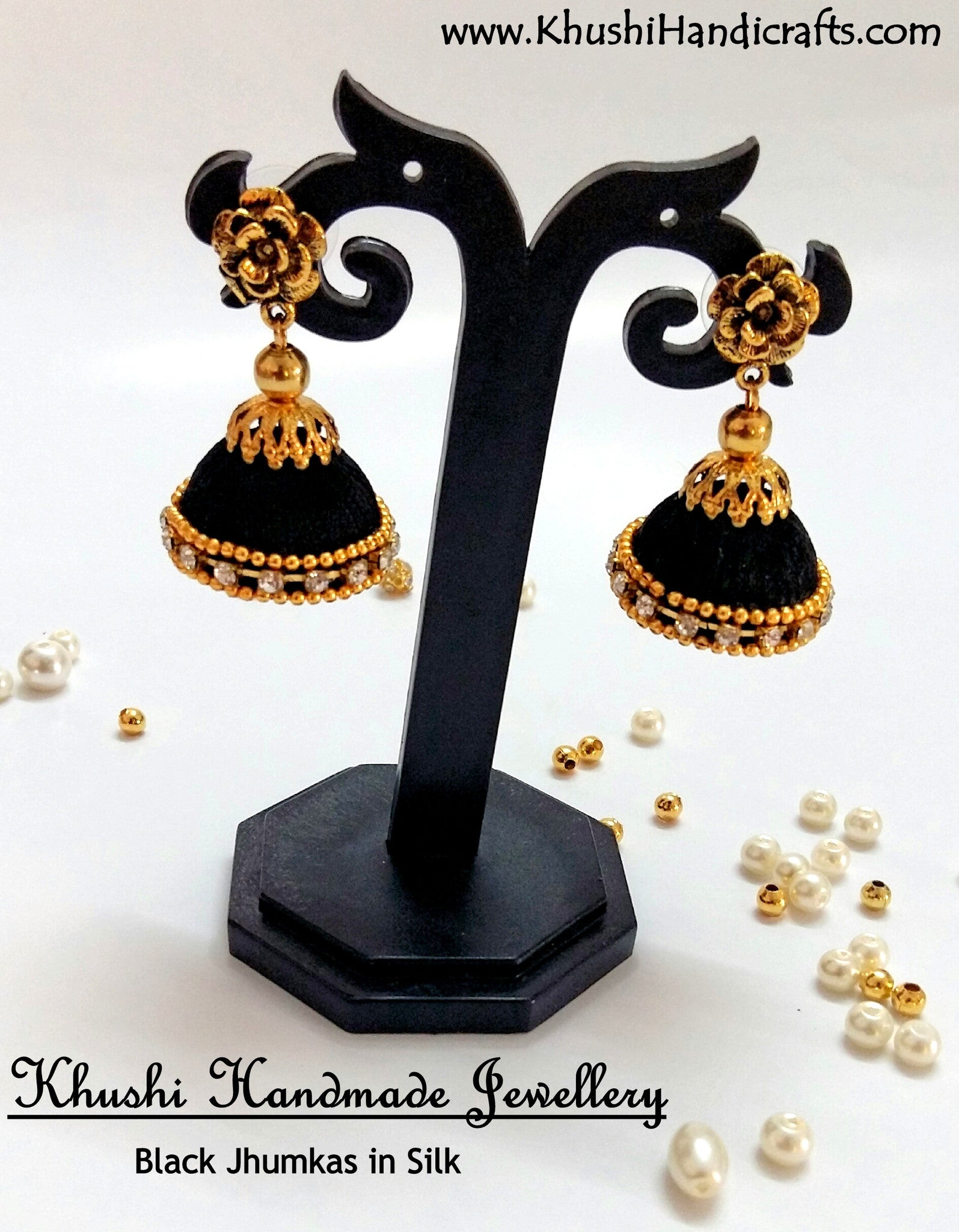 Black Silk Jhumkas - Khushi Handmade Jewellery