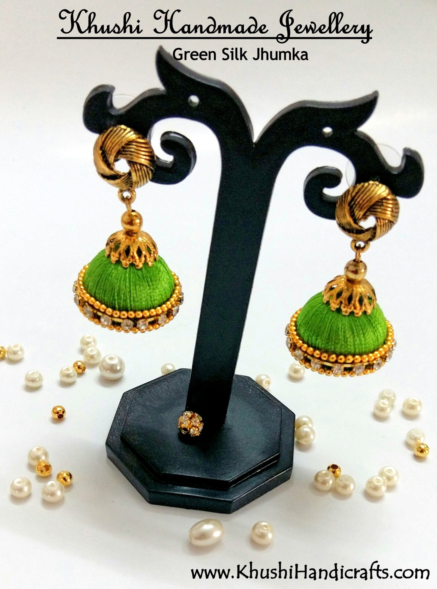 Green Silk Jhumkas - Khushi Handmade Jewellery