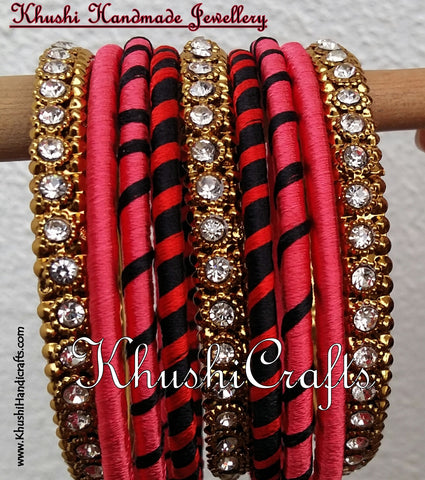 Handmade Silk Bangles in Peach Red and Black